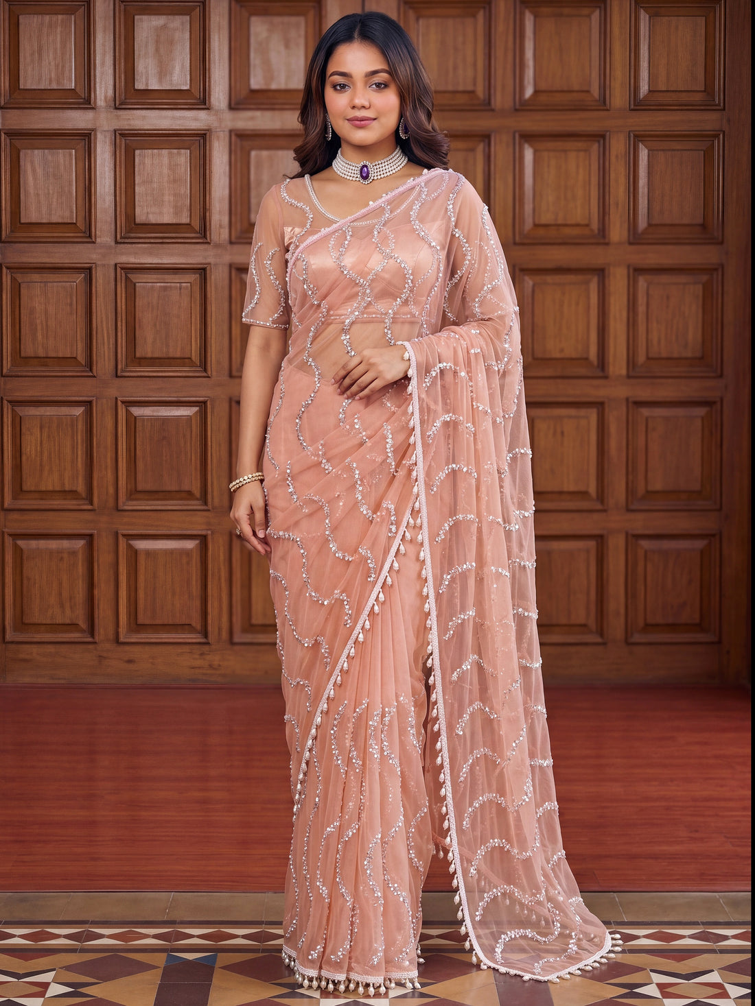 Attractive Peach Beads Work Net Party Wear Saree With Blouse