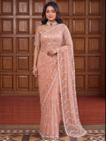 Attractive Peach Beads Work Net Party Wear Saree With Blouse