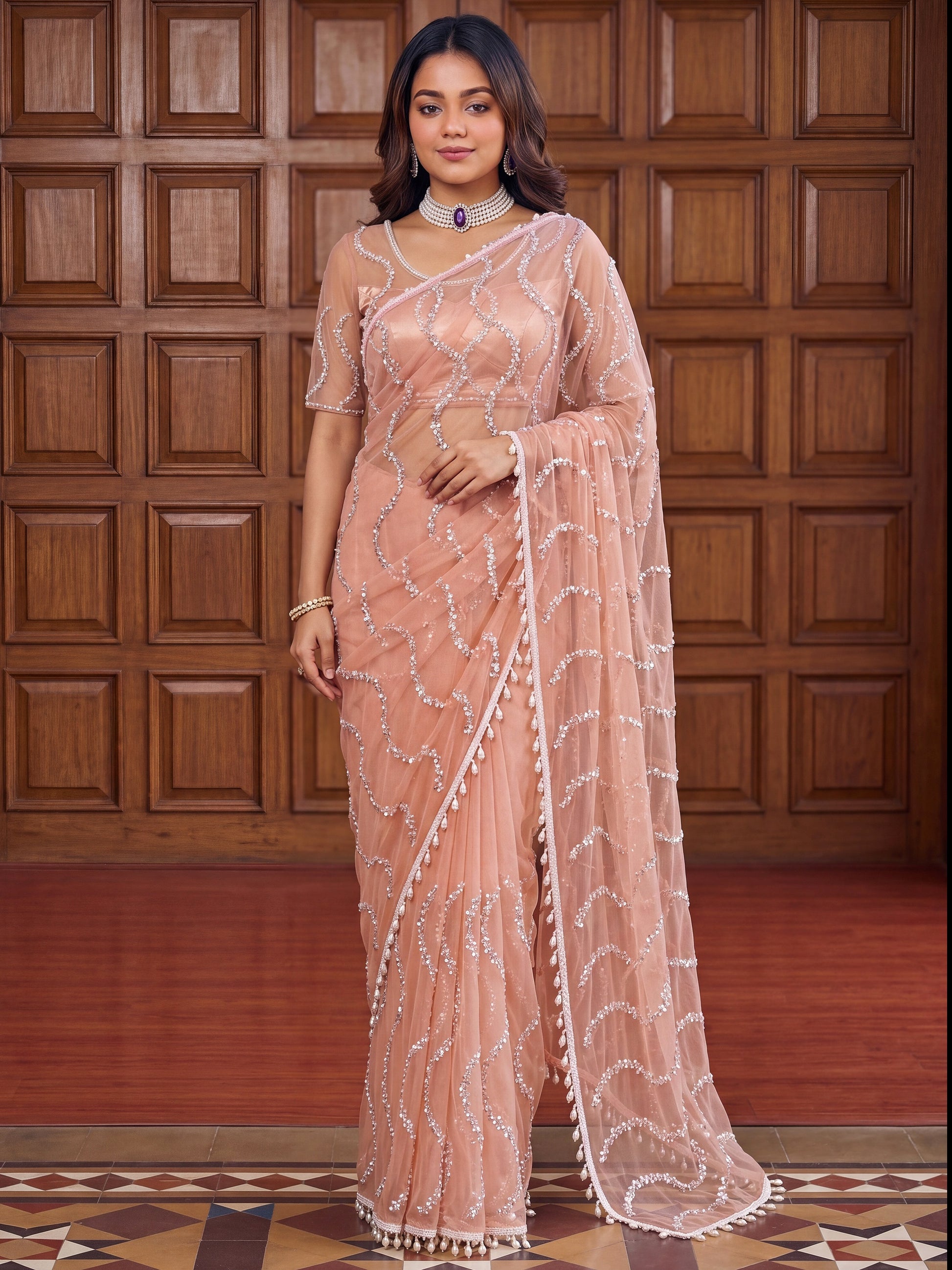 Attractive Peach Beads Work Net Party Wear Saree With Blouse