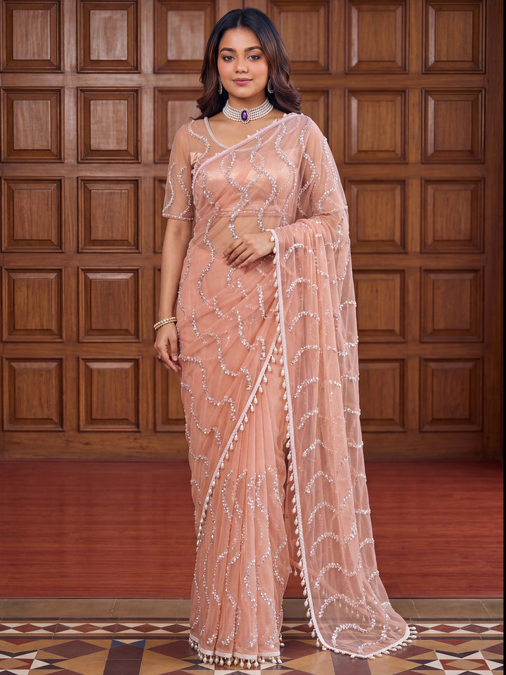Attractive Peach Beads Work Net Party Wear Saree With Blouse