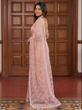 Attractive Peach Beads Work Net Party Wear Saree With Blouse