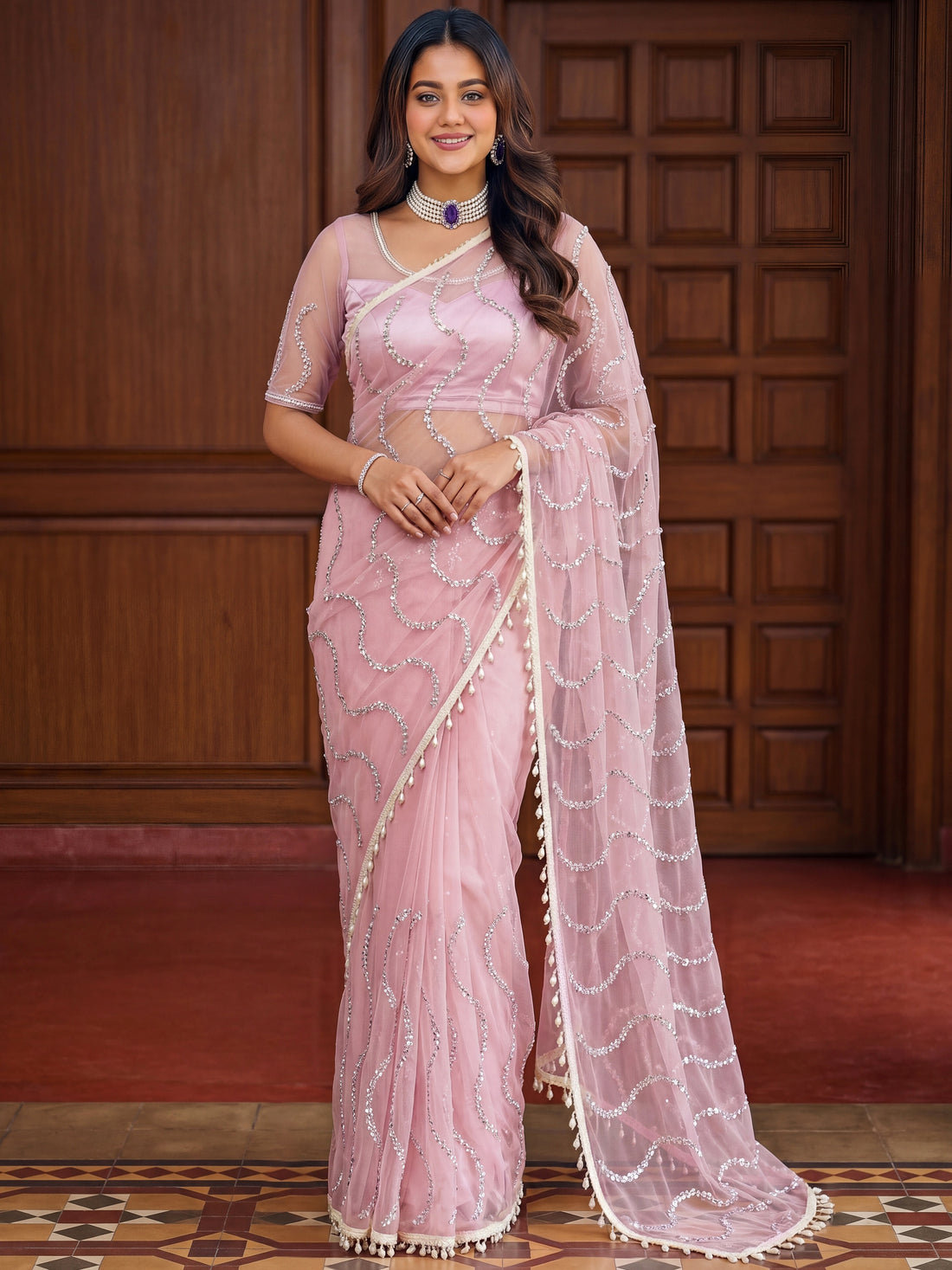 Sparkling Light pink Pearls Work Net Reception Wear Saree With Blouse