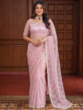 Sparkling Light Pink Pearls Work Net Reception Wear Saree With Blouse