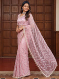 Sparkling Light Pink Pearls Work Net Reception Wear Saree With Blouse