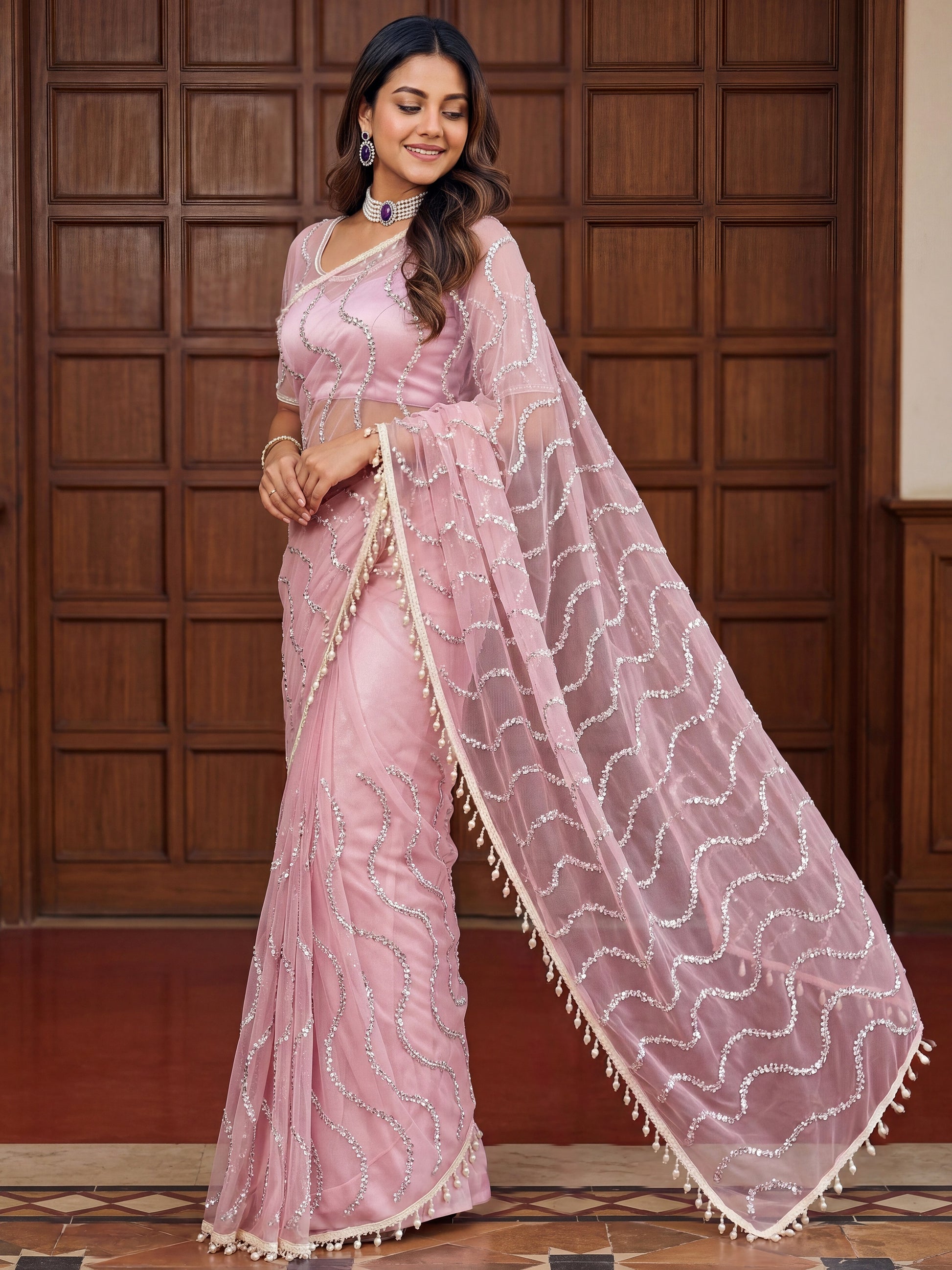 Sparkling Light Pink Pearls Work Net Reception Wear Saree With Blouse
