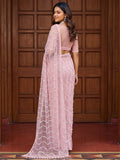 Sparkling Light Pink Pearls Work Net Reception Wear Saree With Blouse