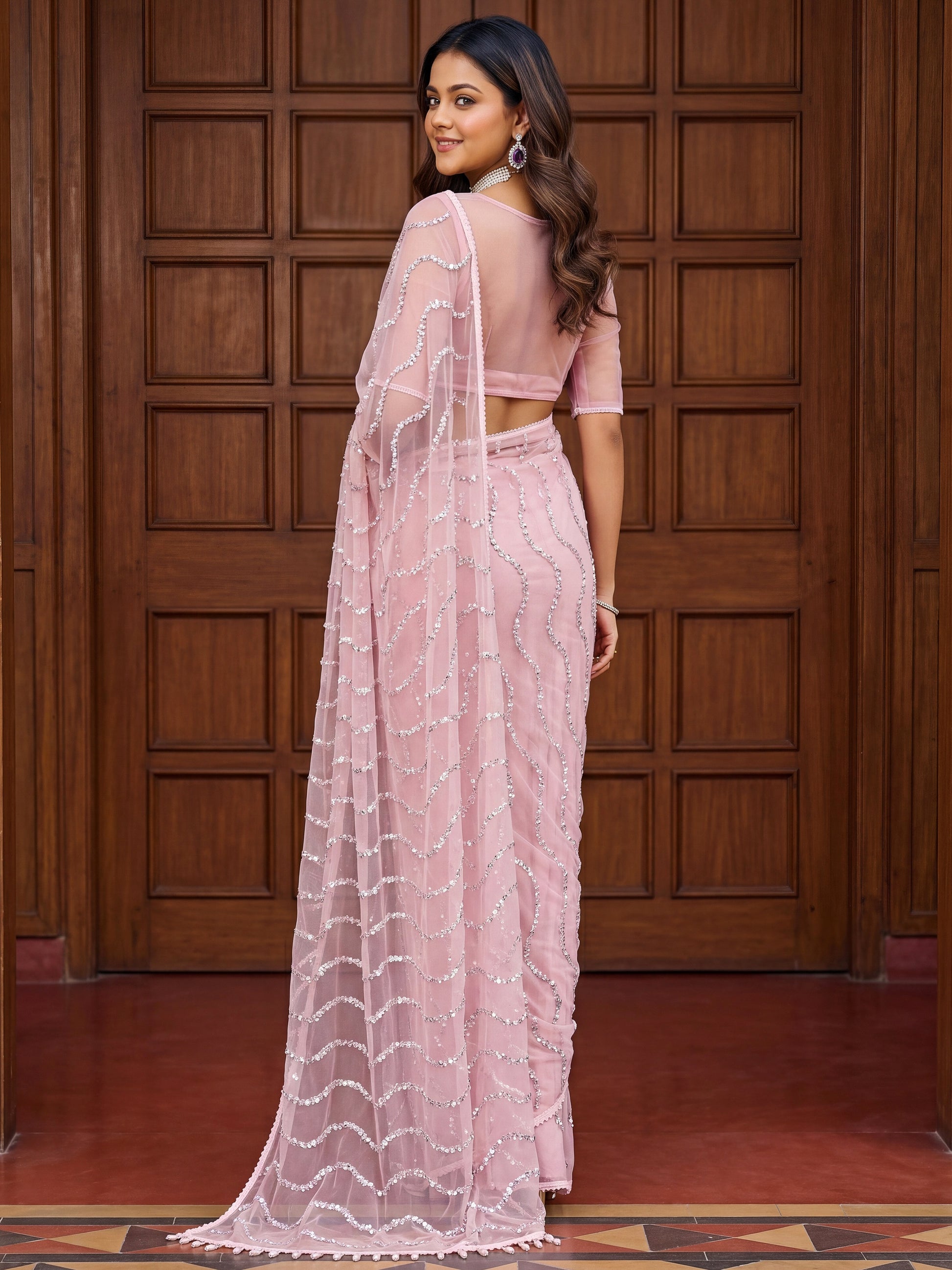 Sparkling Light Pink Pearls Work Net Reception Wear Saree With Blouse