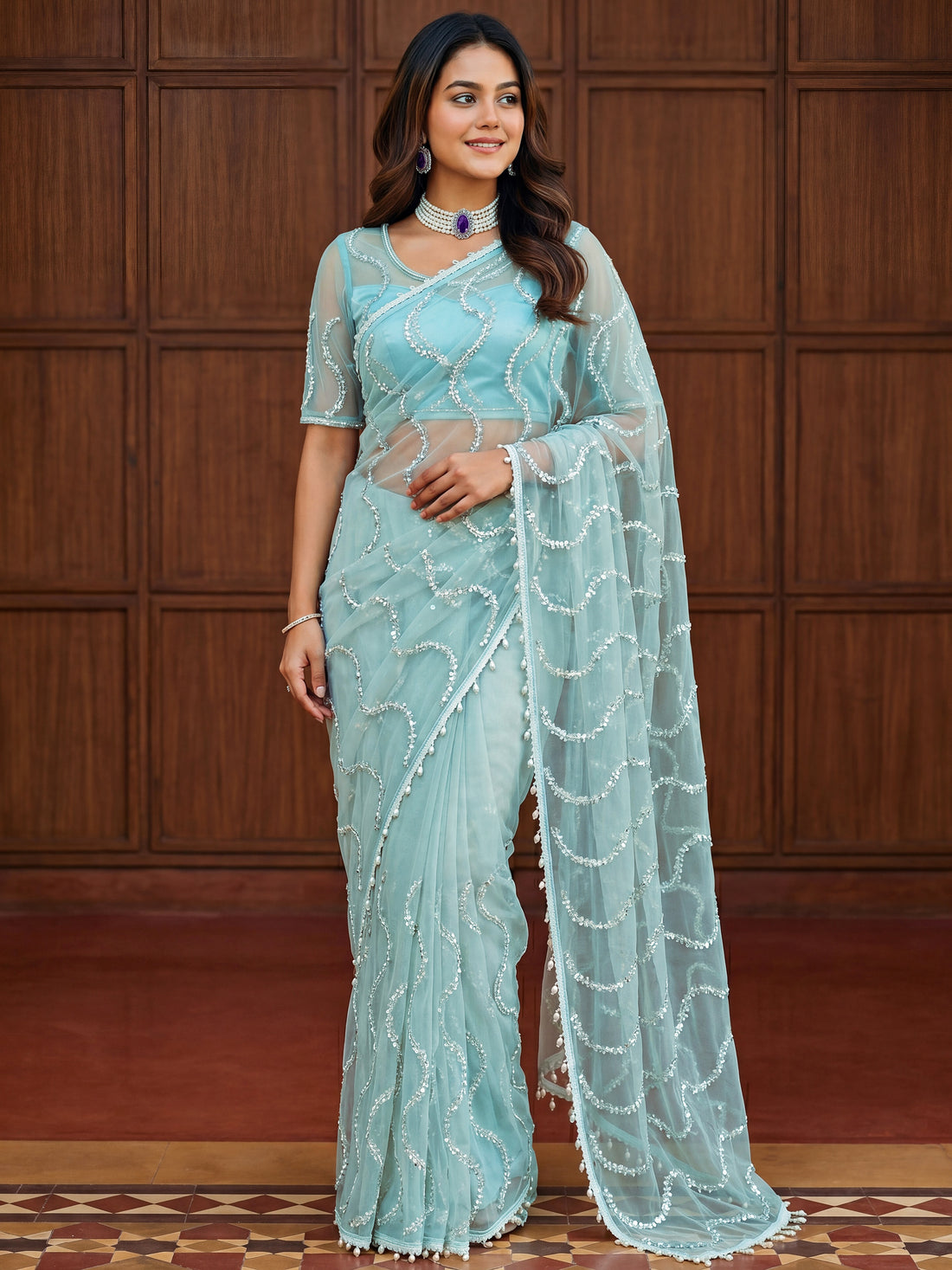 Gorgeous Sky Blue Sequins Work Net Party Wear Saree With Blouse