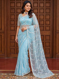 Gorgeous Sky Blue Sequins Work Net Party Wear Saree With Blouse