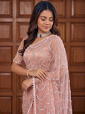 Attractive Peach Beads Work Net Party Wear Saree With Blouse
