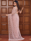 Attractive Peach Beads Work Net Party Wear Saree With Blouse