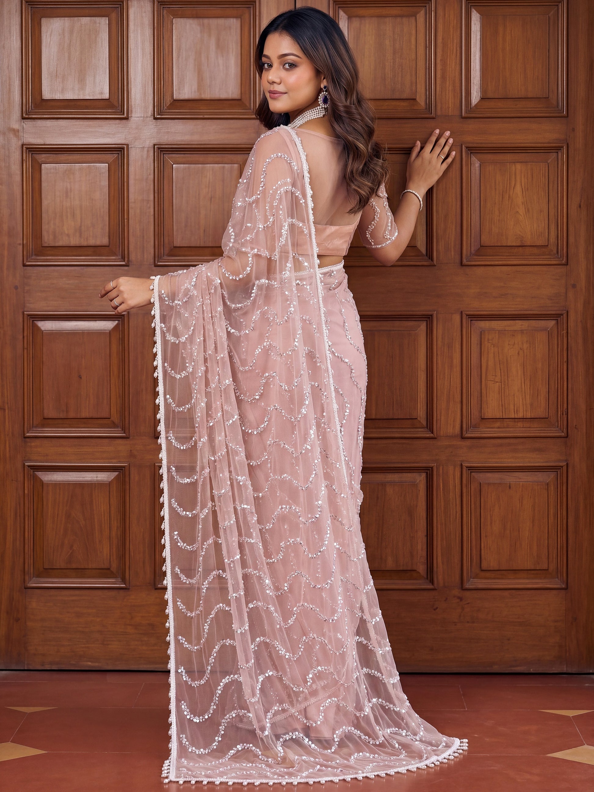 Attractive Peach Beads Work Net Party Wear Saree With Blouse