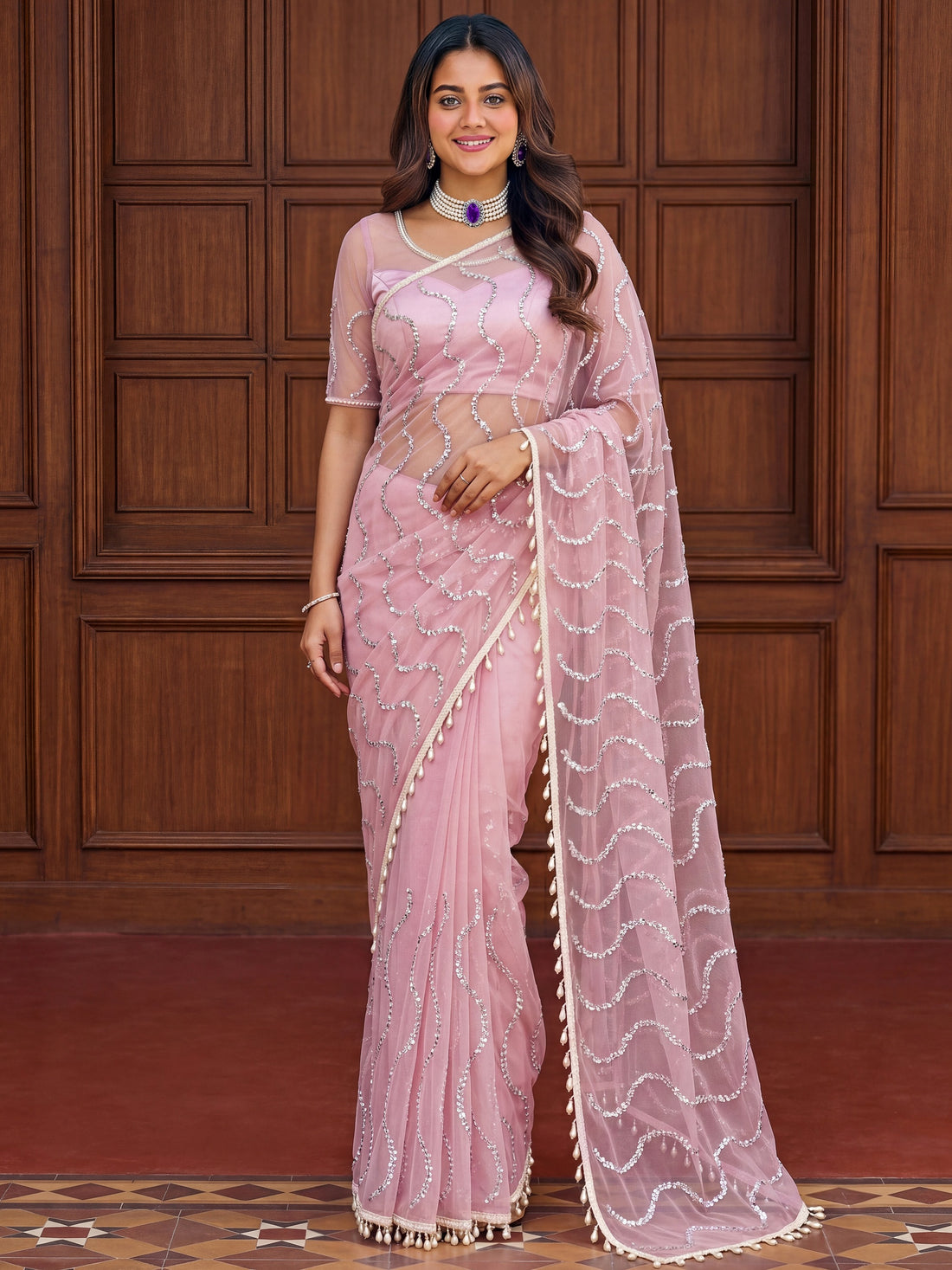 Sparkling Light pink Pearls Work Net Reception Wear Saree With Blouse