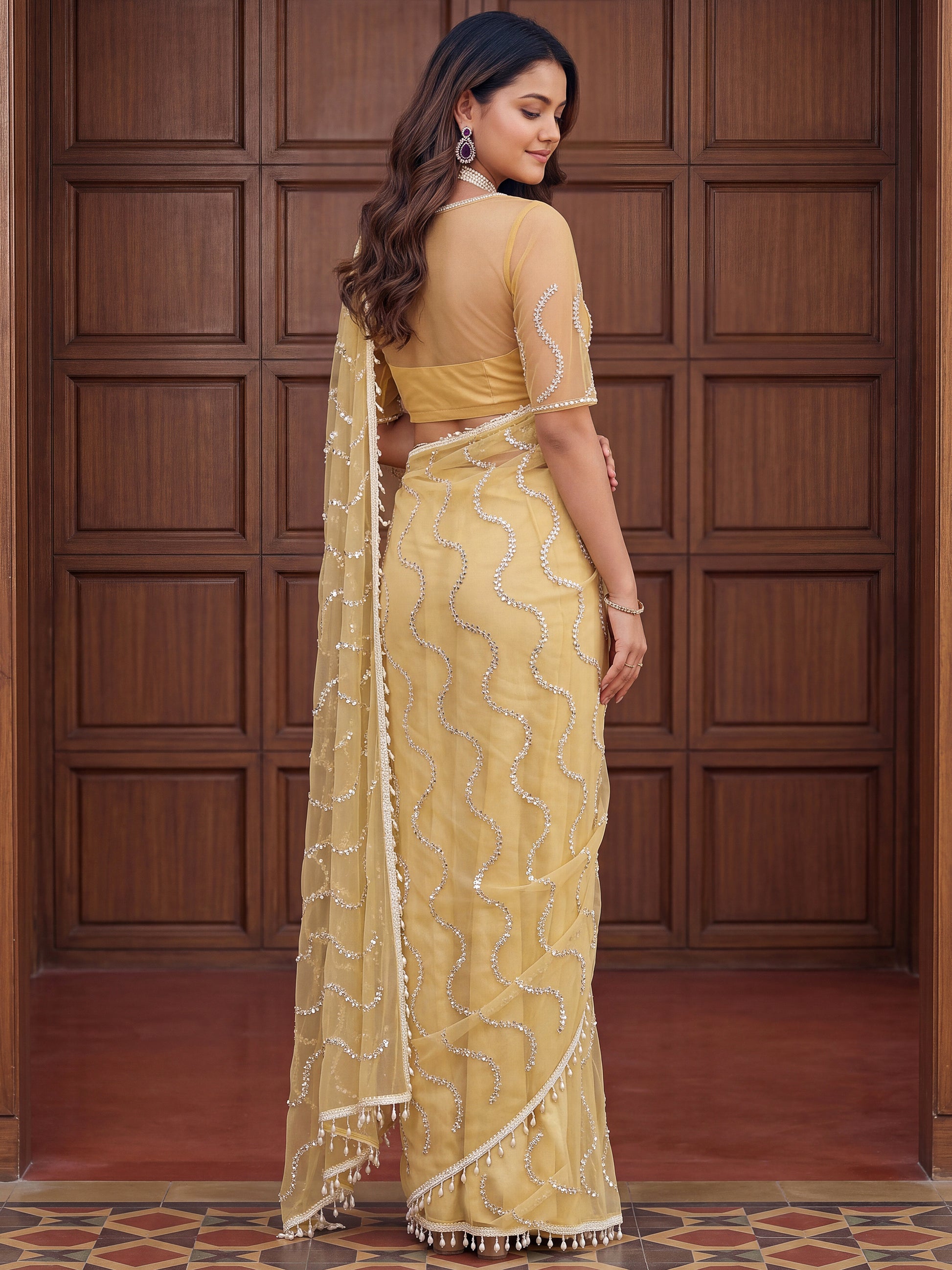 Sparkling Yellow Sequins Net Festival Wear Saree With Blouse