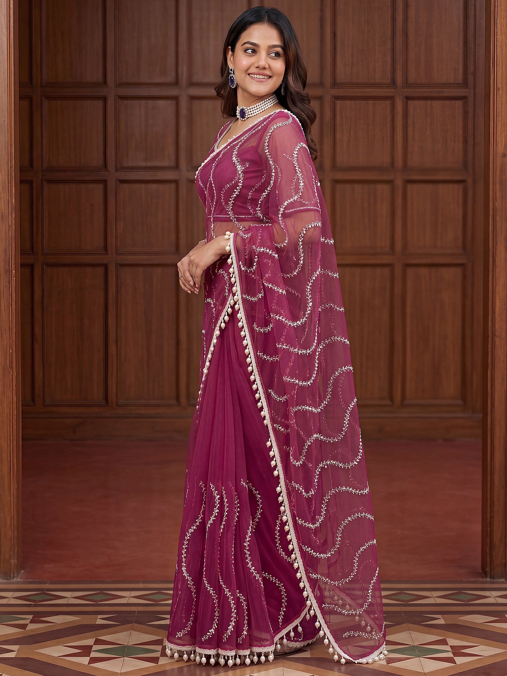 Wonderful Purple Sequins Net Party Wear Saree With Blouse