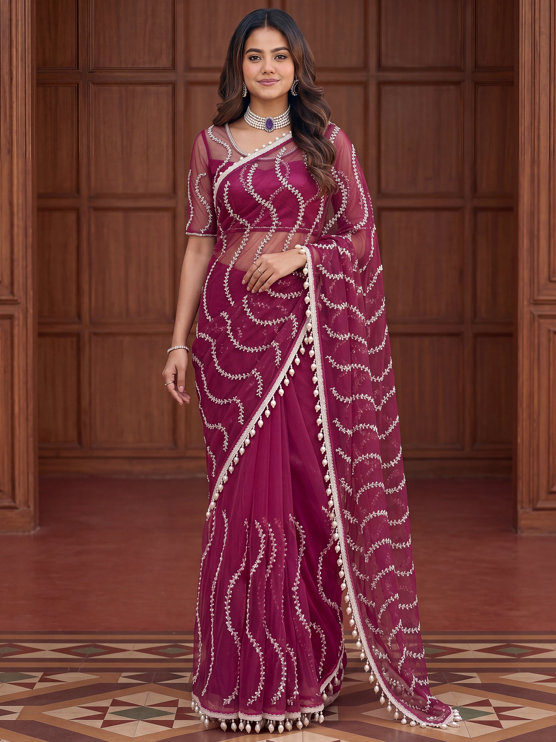 Wonderful Purple Sequins Net Party Wear Saree With Blouse