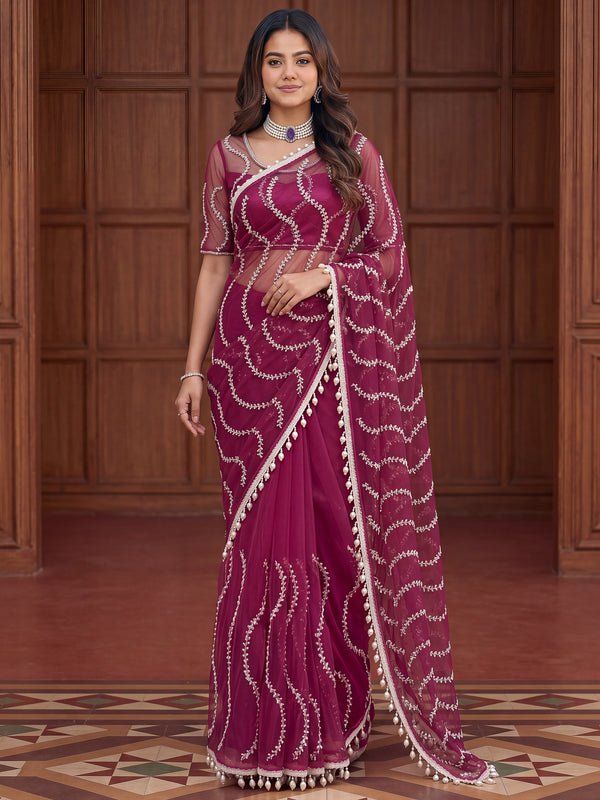 Wonderful Purple Sequins Net Party Wear Saree With Blouse