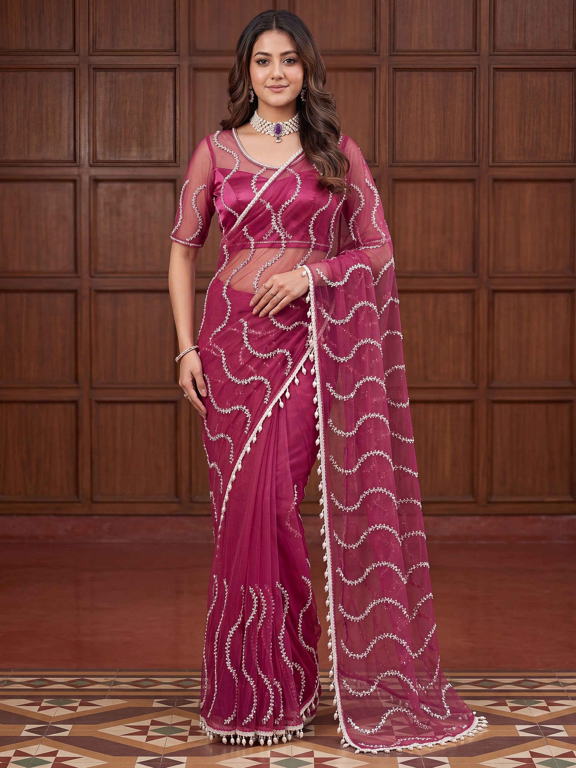 Wonderful Purple Sequins Net Party Wear Saree With Blouse