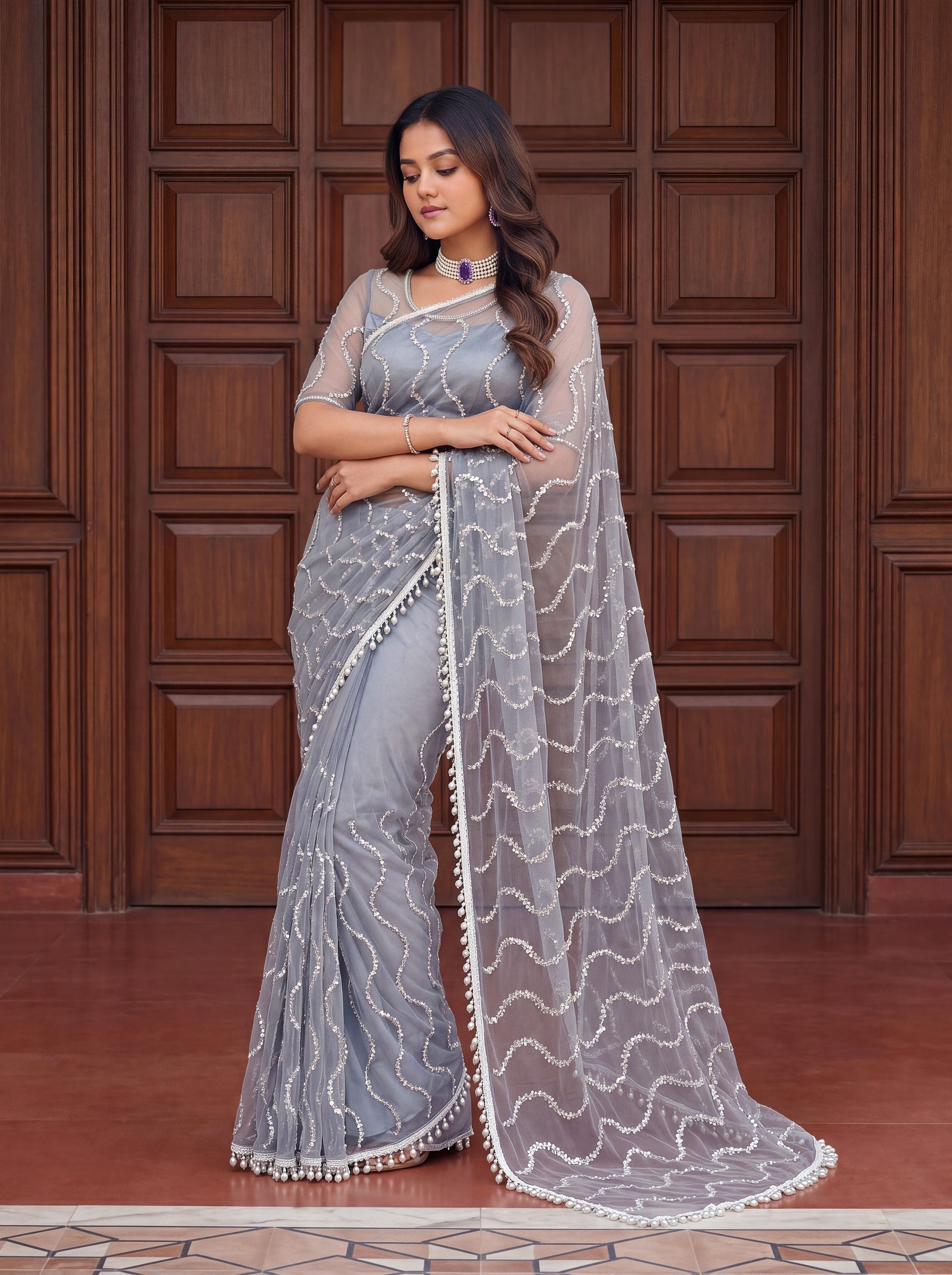 Elegant Grey Sequins Net Engagement Wear Saree With Blouse