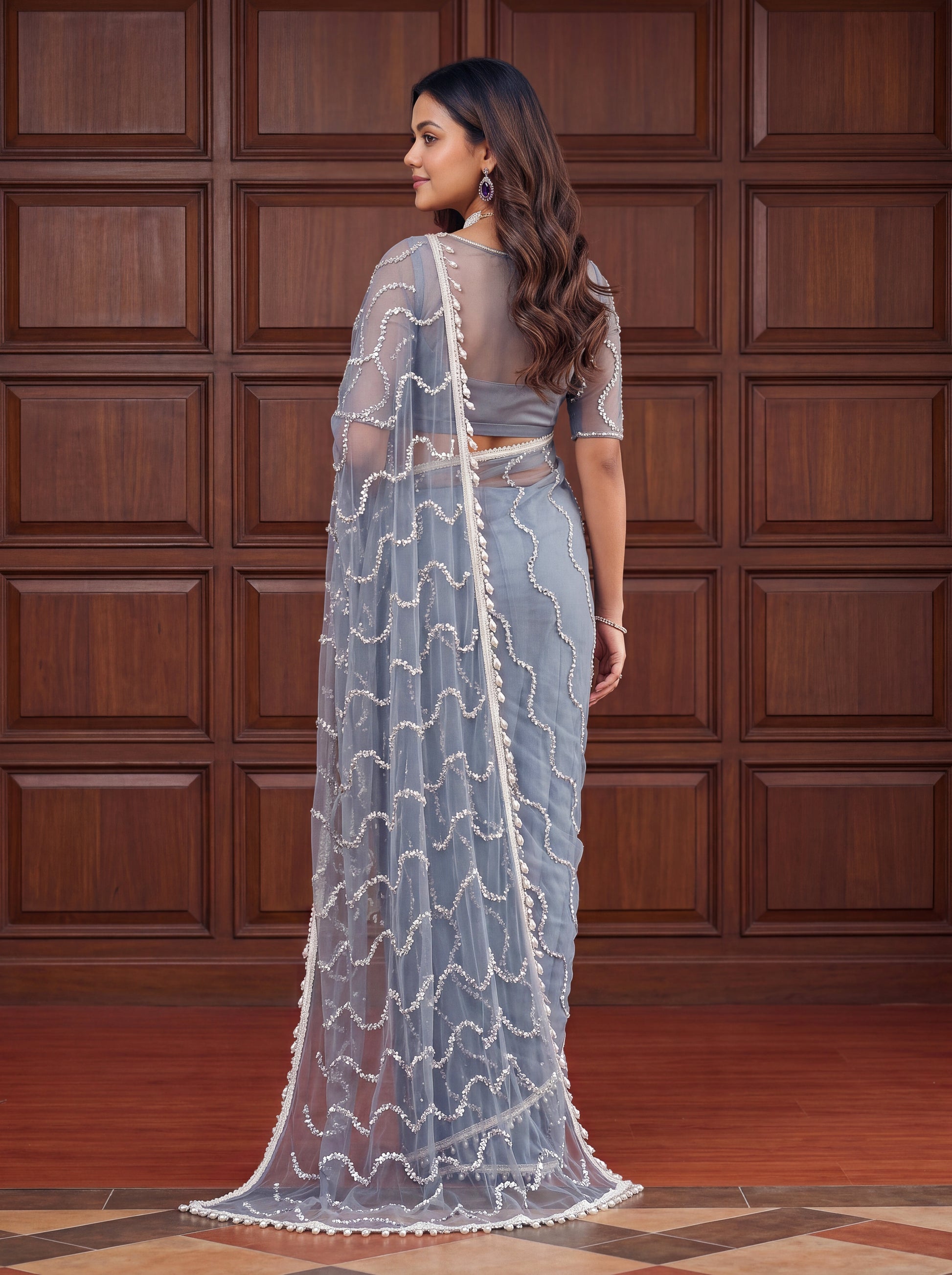 Elegant Grey Sequins Net Engagement Wear Saree With Blouse