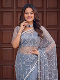 Elegant Grey Sequins Net Engagement Wear Saree With Blouse