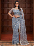 Elegant Grey Sequins Net Engagement Wear Saree With Blouse