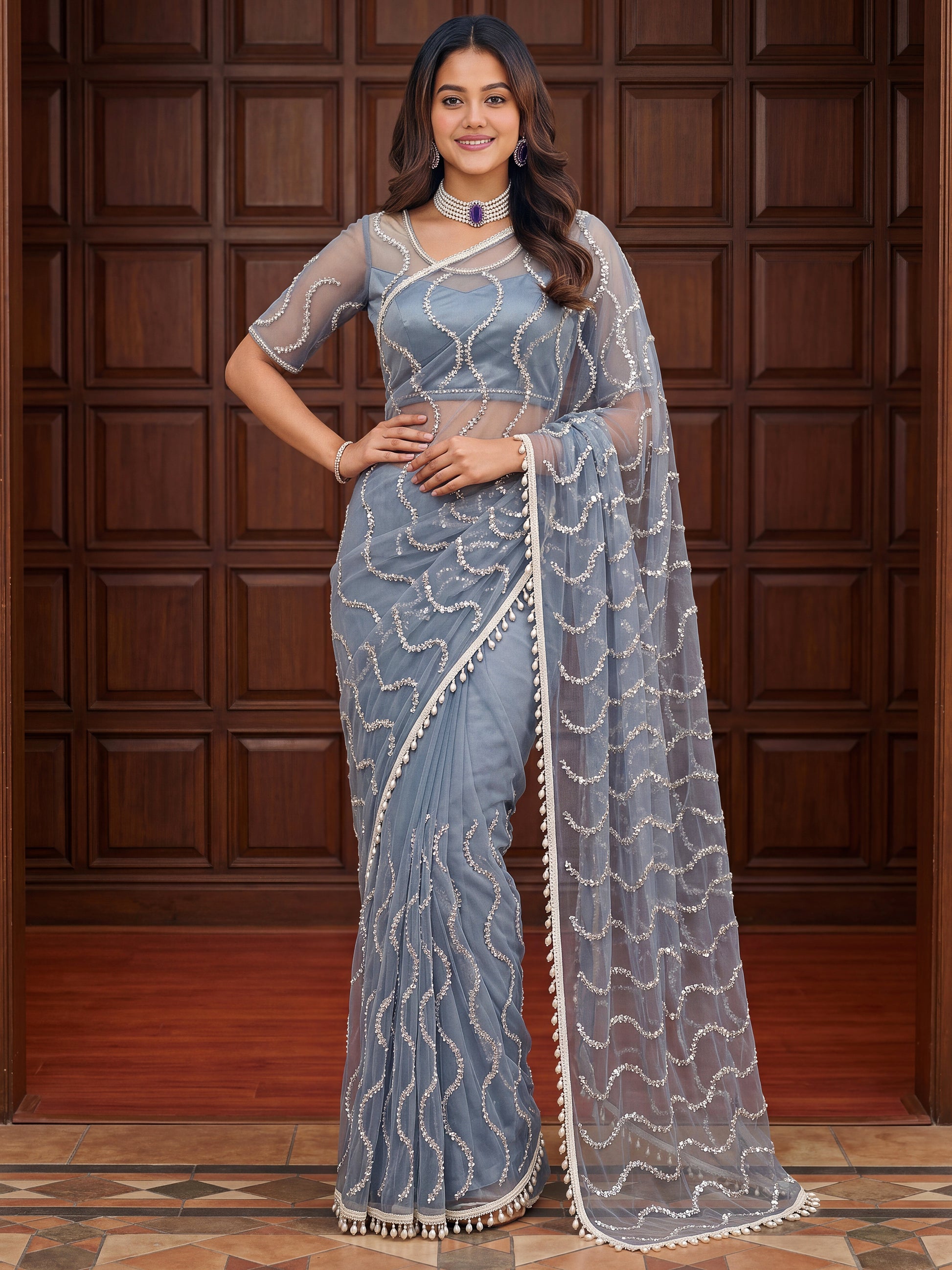 Elegant Grey Sequins Net Engagement Wear Saree With Blouse