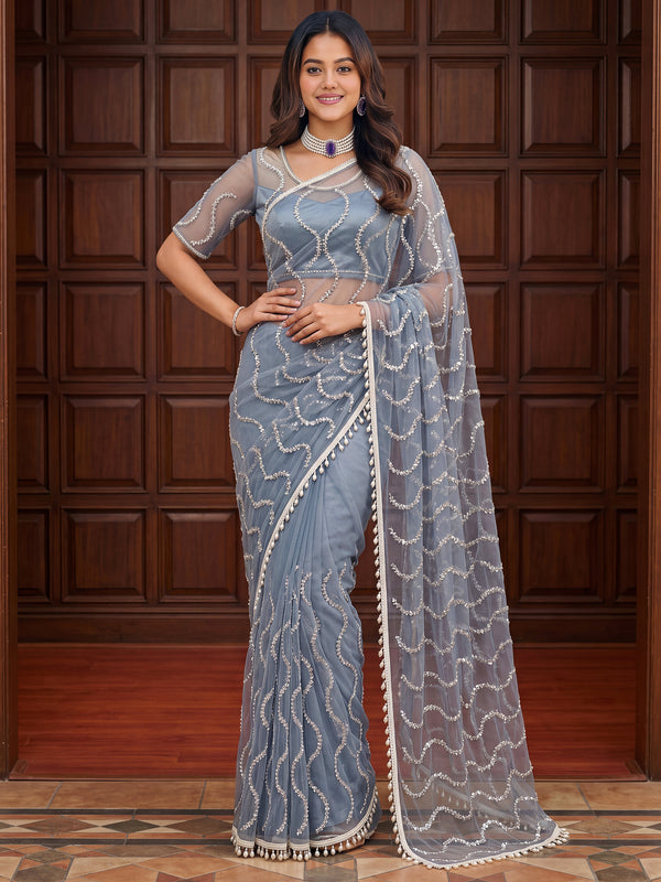 Elegant Grey Sequins Net Engagement Wear Saree With Blouse