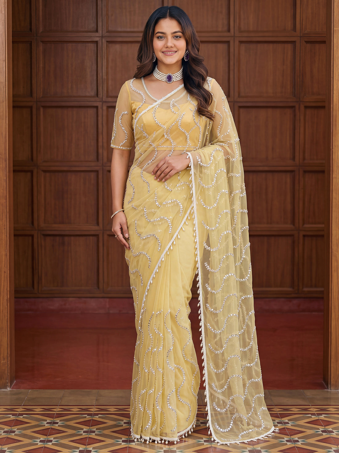 Sparkling Yellow Sequins Net Festival Wear Saree With Blouse
