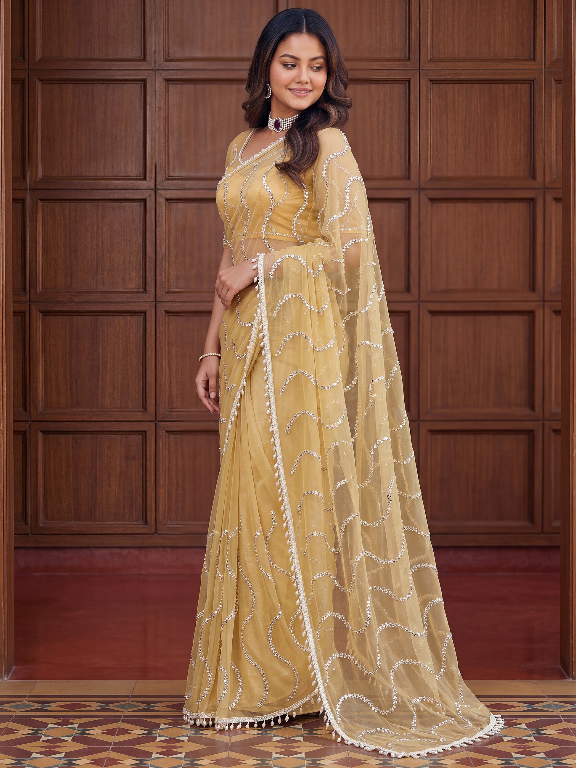 Sparkling Yellow Sequins Net Festival Wear Saree With Blouse