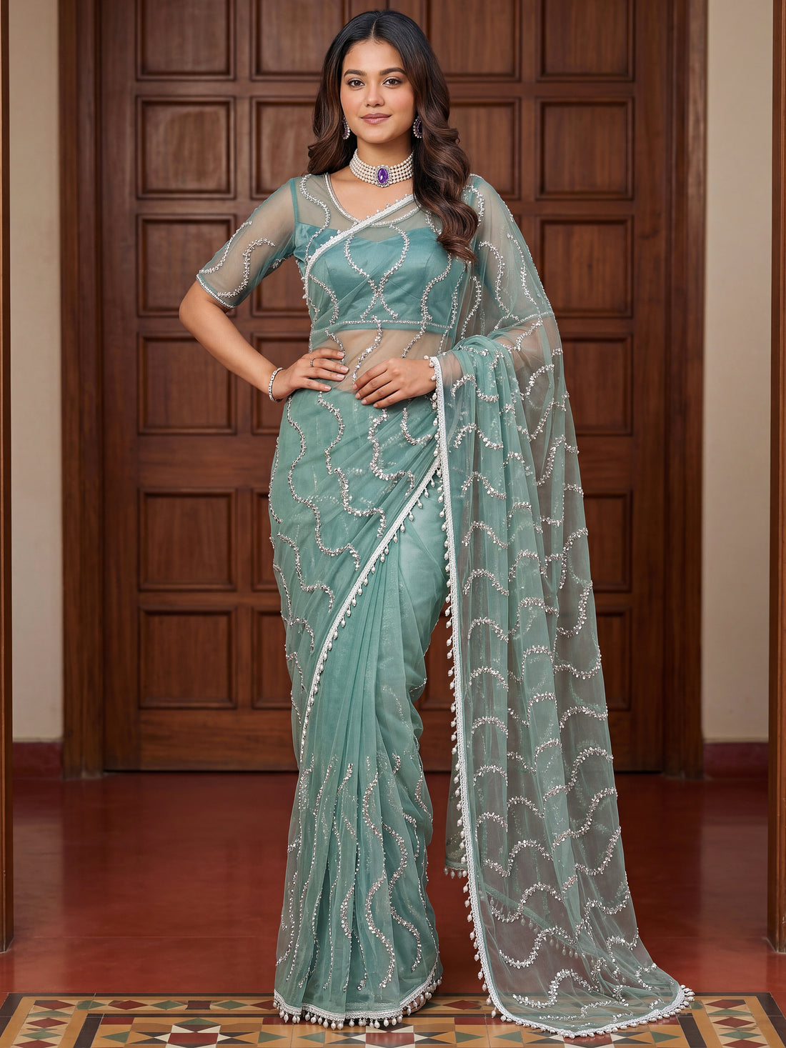 Charming Sky Blue Beads Work Net Designer Saree With Blouse