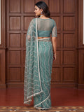 Charming Sky Blue Beads Work Net Designer Saree With Blouse