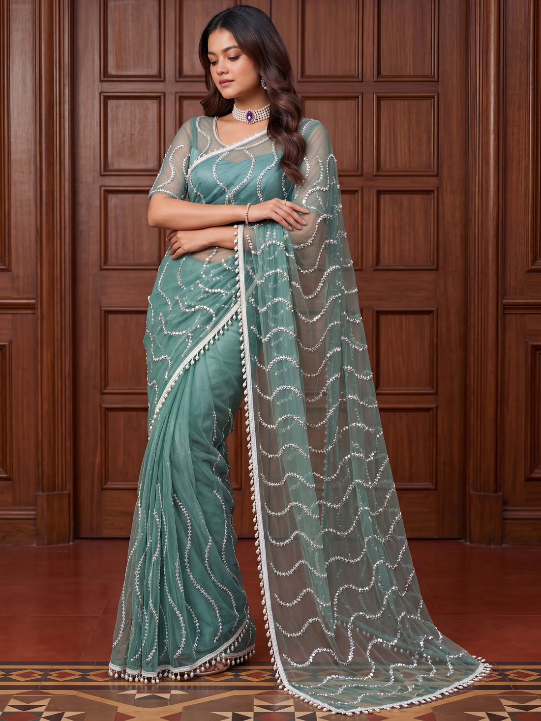Charming Sky Blue Beads Work Net Designer Saree With Blouse