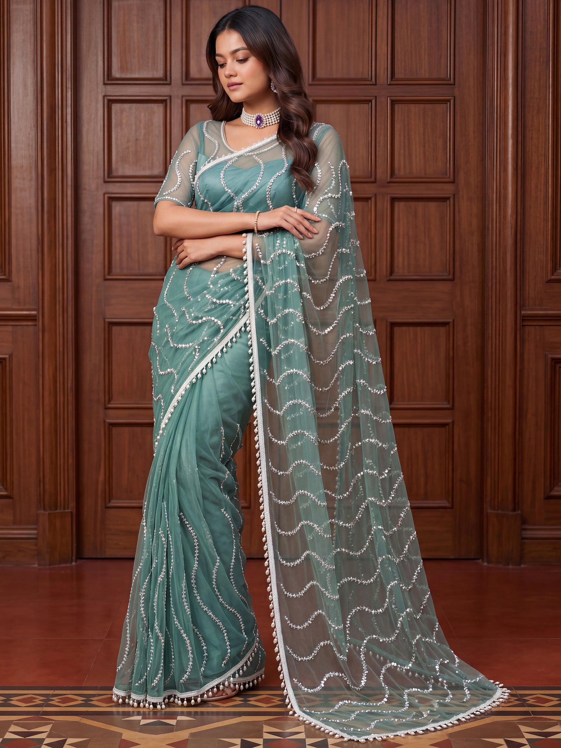 Charming Sky Blue Beads Work Net Designer Saree With Blouse