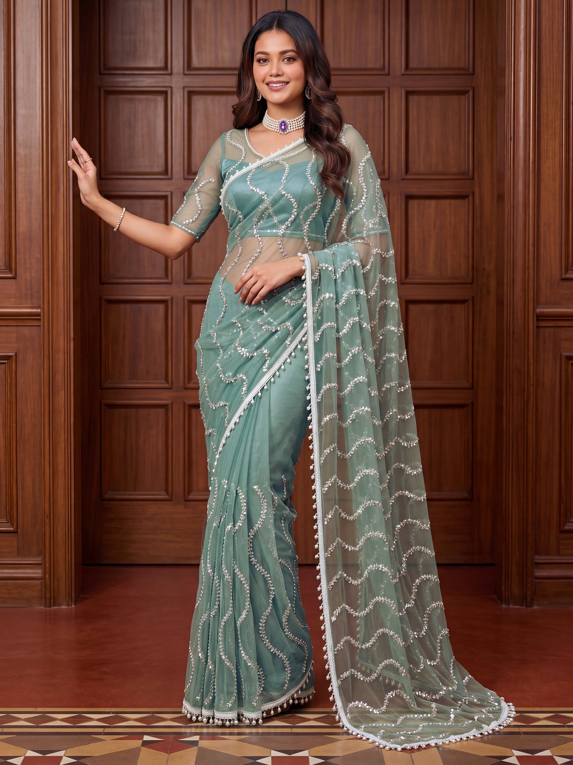 Charming Sky Blue Beads Work Net Designer Saree With Blouse
