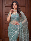 Charming Sky Blue Beads Work Net Designer Saree With Blouse