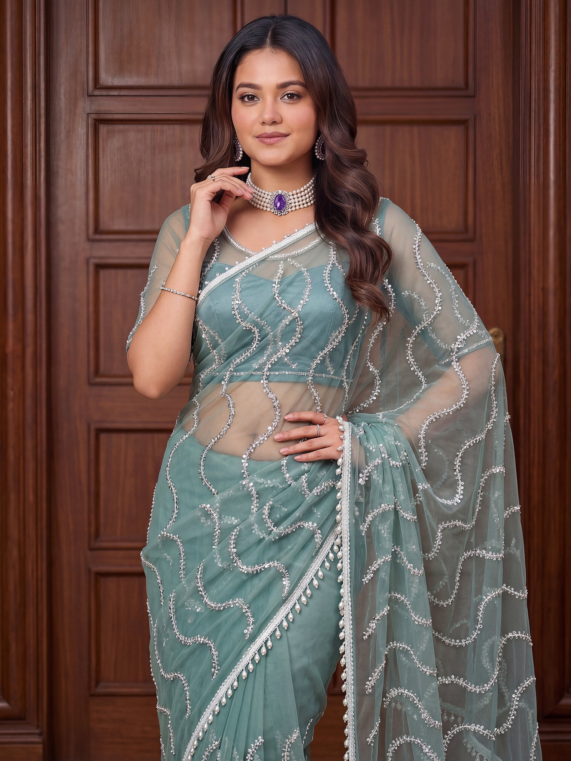 Charming Sky Blue Beads Work Net Designer Saree With Blouse