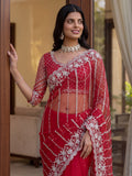 Magnificent Red Sequins Work Net Party Wear Saree With Blouse