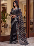 Glamorous Black Beads Work Net Party Wear Saree With Blouse