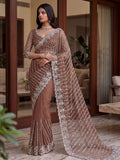 Captivating Brown Beads Work Net Party Wear Saree With Blouse