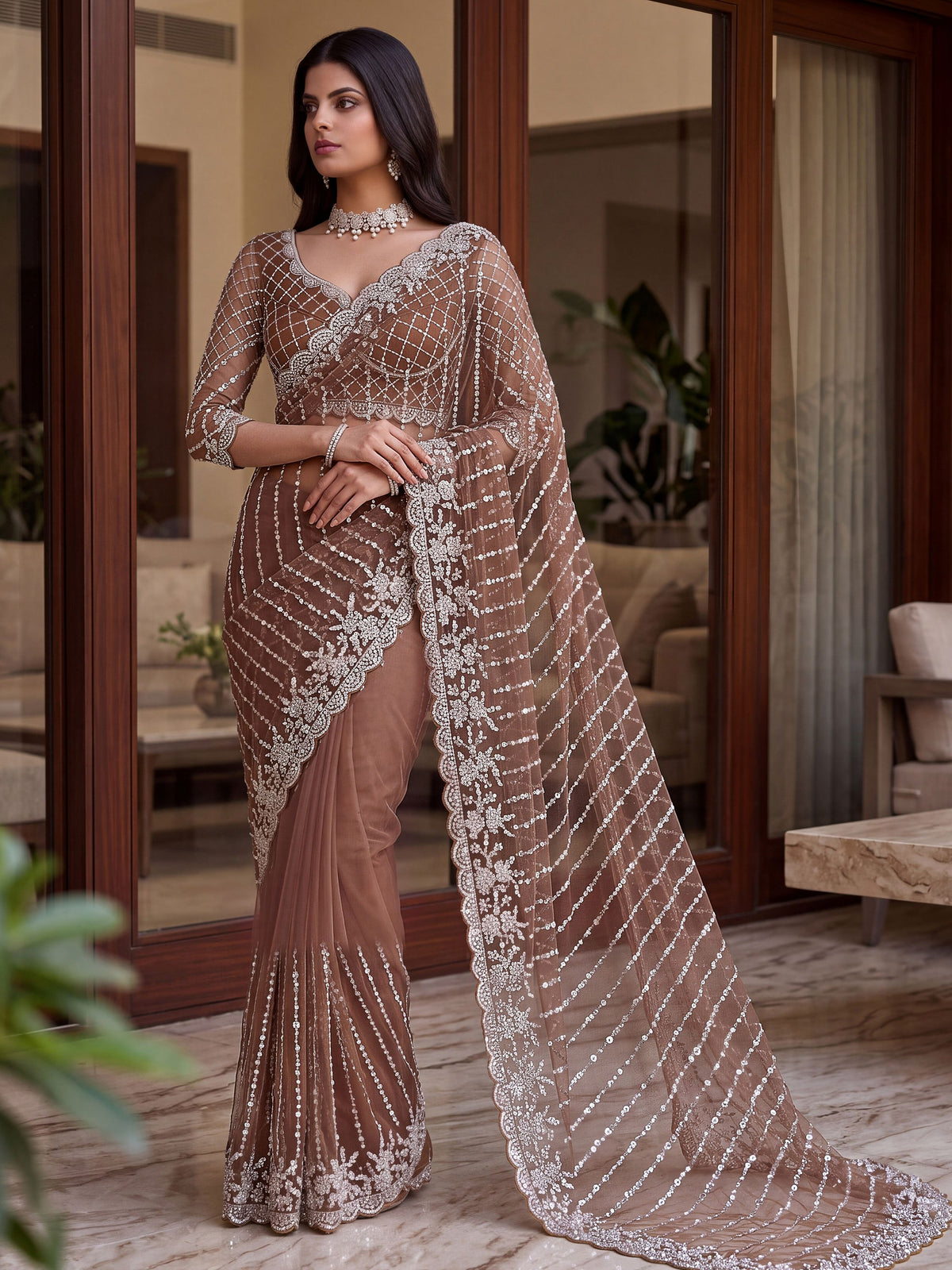 Captivating Brown Beads Work Net Party Wear Saree With Blouse
