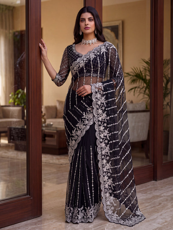 Glamorous Black Beads Work Net Party Wear Saree With Blouse