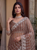 Captivating Brown Beads Work Net Party Wear Saree With Blouse