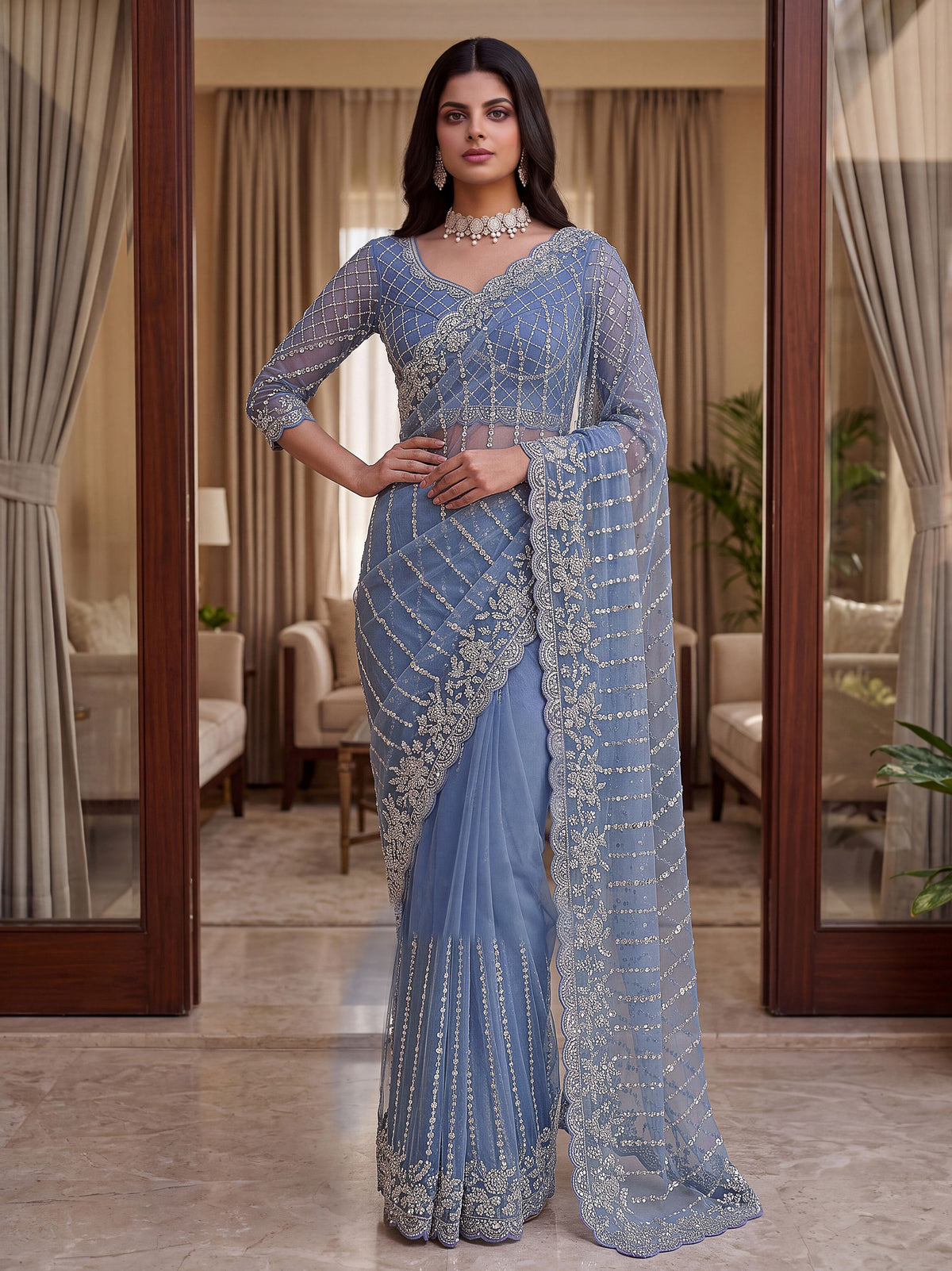 Mesmerizing Blue Pearl Work Net Reception Wear Saree