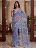 Mesmerizing Blue Pearl Work Net Reception Wear Saree