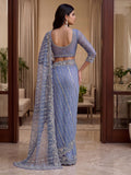 Mesmerizing Blue Pearl Work Net Reception Wear Saree