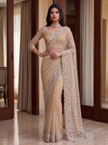 Charming Cream Sequins Work Net Party Wear Saree With Blouse