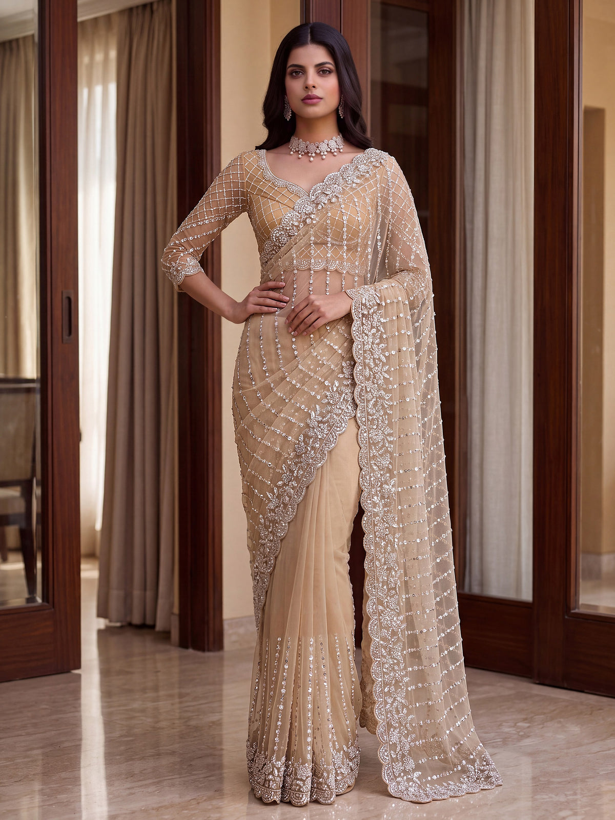Charming Cream Sequins Work Net Party Wear Saree With Blouse