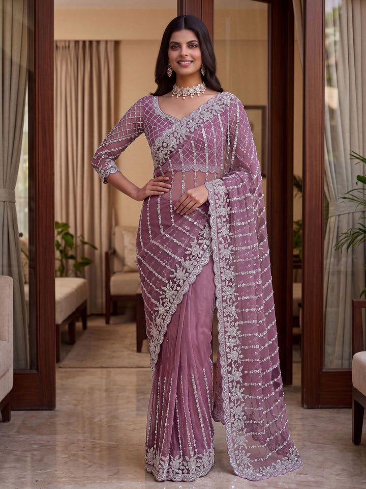 Enchanting Mauve Beads Work Net Wedding Wear Saree With Blouse