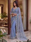 Mesmerizing Blue Pearl Work Net Reception Wear Saree